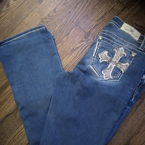 Miss Me Dark Blue Boot Cut Jeans with Cross Stitching